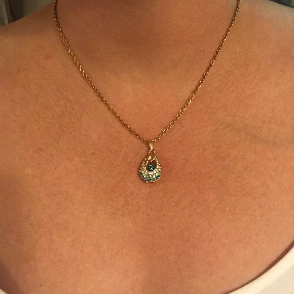 Teardrop gold-toned pendant with blue/green stones - Picture 6 of 6